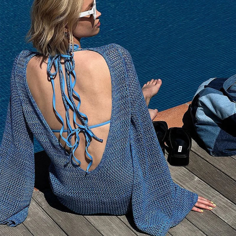 Knitted Bat Sleeves Backless Bikini Hollow Cover-Up