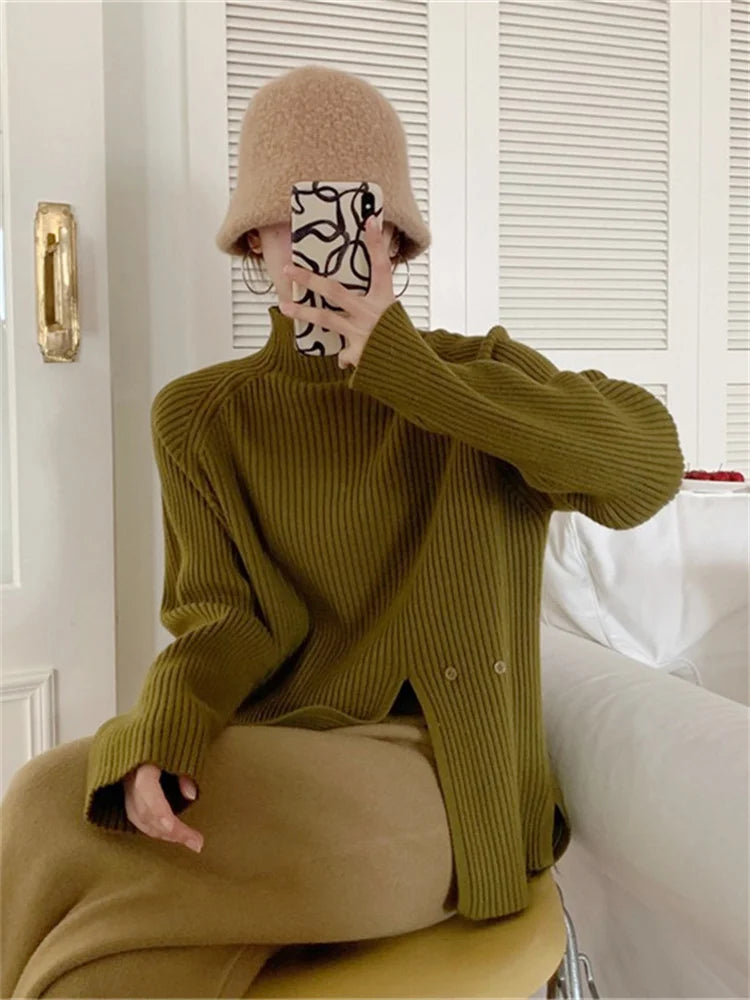 Mock Neck Ribbed Split Pullover