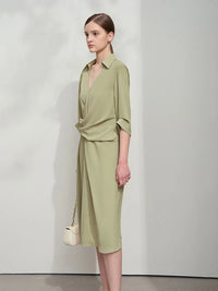 Lapel V-neck Slim Non-stretch A-Line Dress