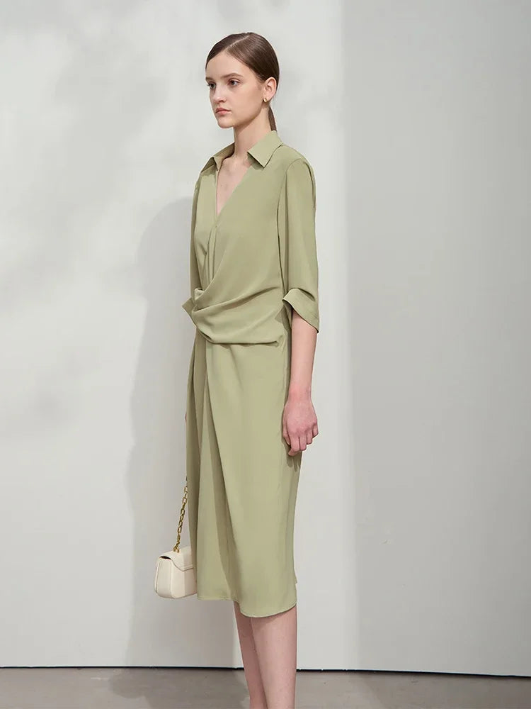 Lapel V-neck Slim Non-stretch A-Line Dress