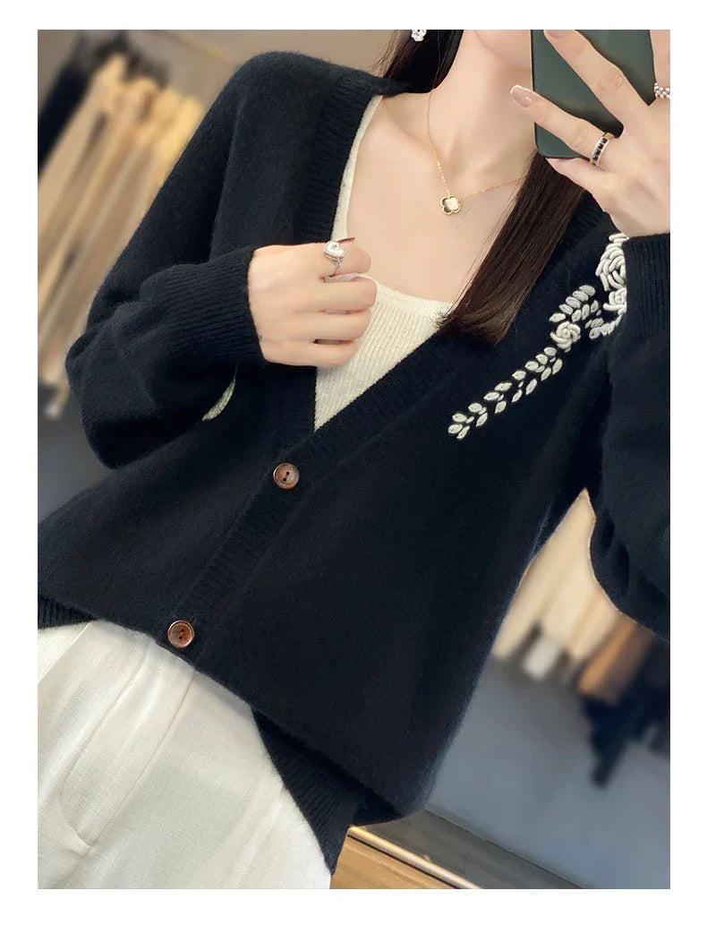 Crochet Merino Wool V-neck Cardigan