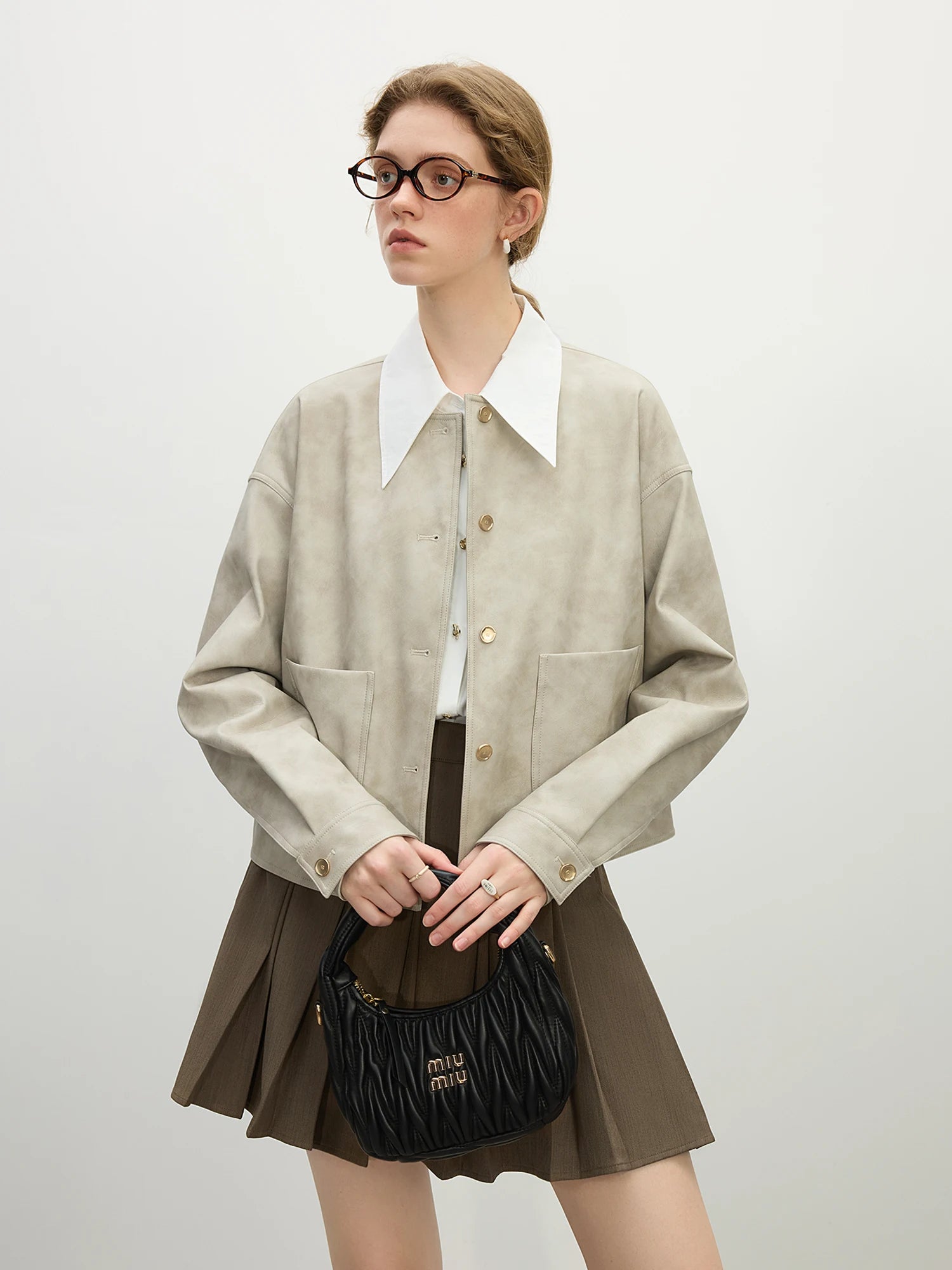 PU Leather Round Neck Short Jackets