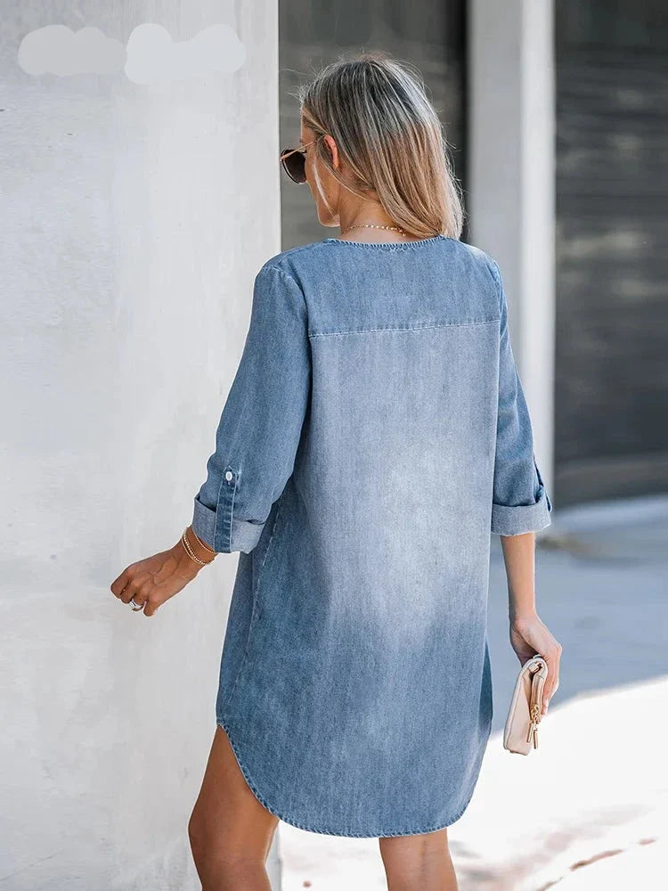 Denim V-Neck Long Sleeve Shift Mini Dress