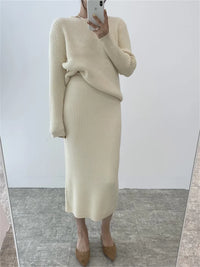 Ribbed Knited Round-Neck Sweater & Midi Skirt Set