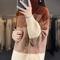 Color Block High Collar Wool Knitted Pullover Sweater
