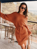 One-Shoulder Drawstring Mini Sweater Dress