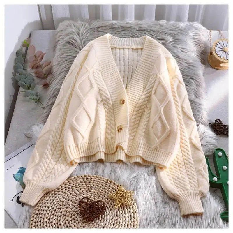 Lantern Sleeve Geometric Knitted Short Cardigan