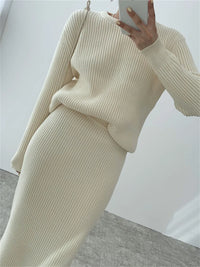 Ribbed Knited Round-Neck Sweater & Midi Skirt Set