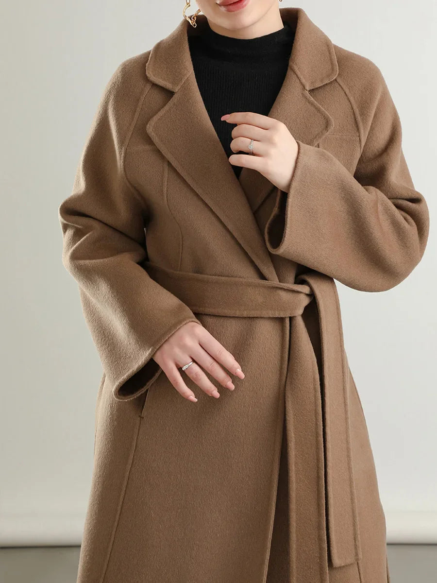 Notch Lapel Belted 100% Wool Long Coat