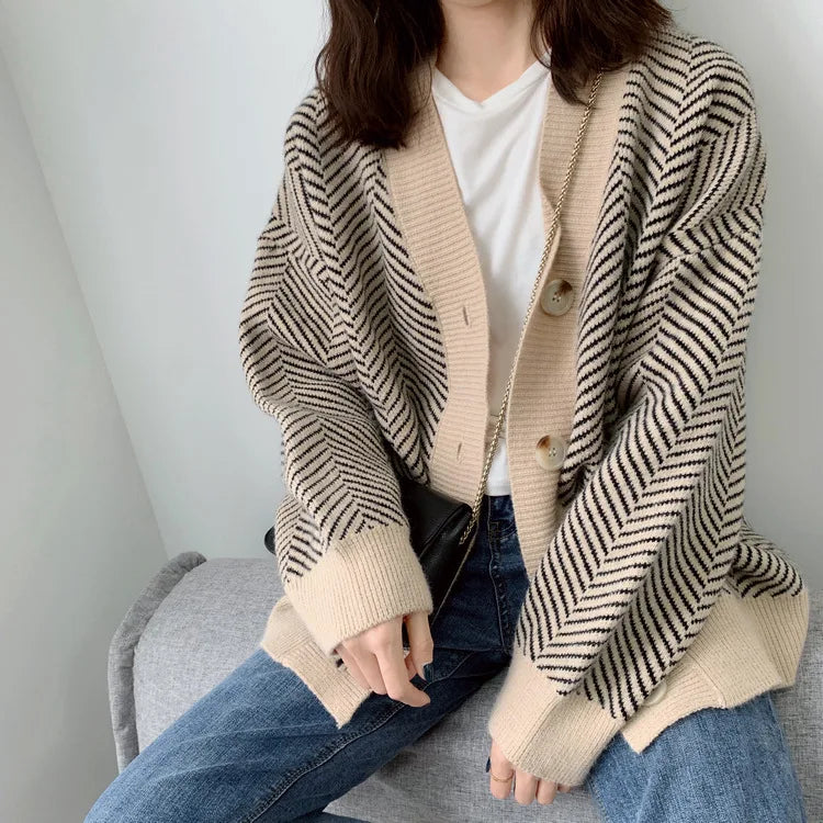 Oversized V-Neck Striped Cardigan