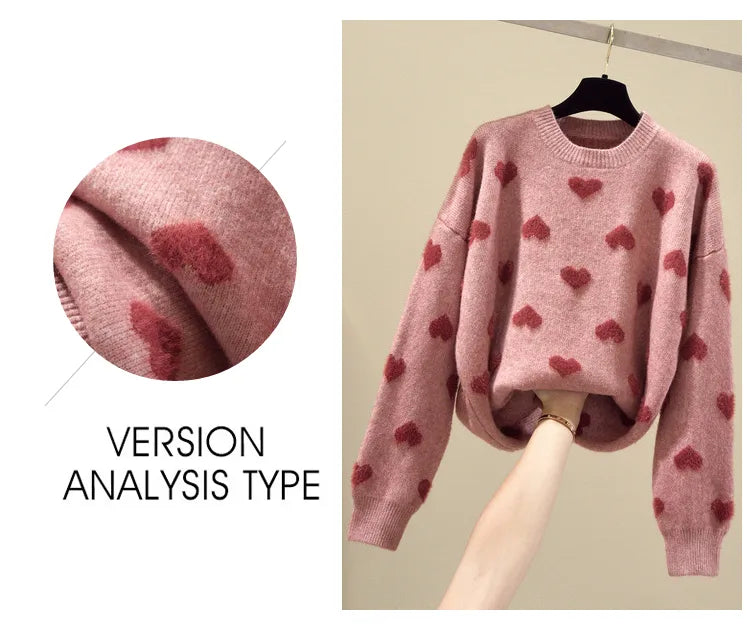 Pink Heart Winter Knitted Sweater