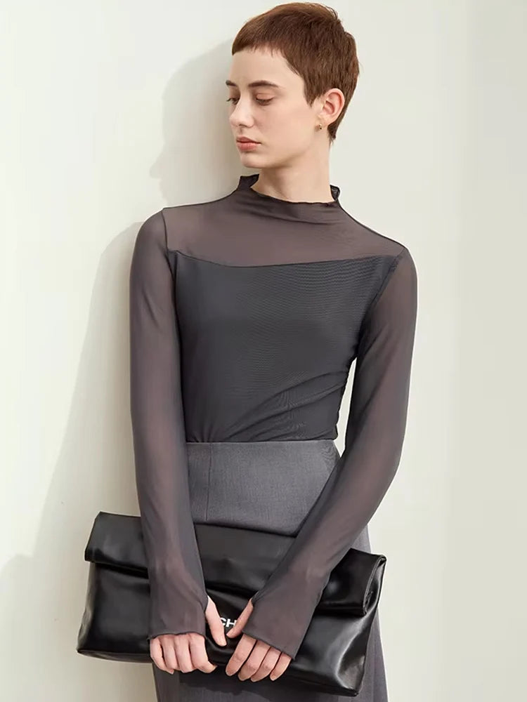 Half-high Neck Micro Perspective Slim Retro Shirt