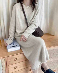Straight-cut ankle-length cashmere maxi dress, O-neck, long sleeves, soft camel tone—effortless winter elegance for her.