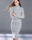 Woman heading to work in a Turtleneck Long-Sleeve Bodycon Midi Dress, 95 % viscose / 5 % elastane rib skims every curve—your polished yet breathable 60-75 °F fall-through-spring essential.