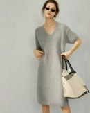 Wool & Cashmere Blended V-neck dress, short sleeves, A-line midi skirt, ribbed trim, soft camel—breathable winter elegance for her.