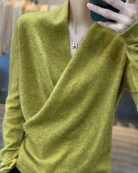 100 % wool wrap-style sweater, deep V-neck, self-tie waist, long sleeves, ribbed cuffs, heather taupe—effortless winter elegance for her.