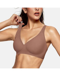 Seamless V-neck wireless bra—removable thin pads, soft-support side bands, S-3XL; no-steel-ring comfort for big busts, invisible under tees.