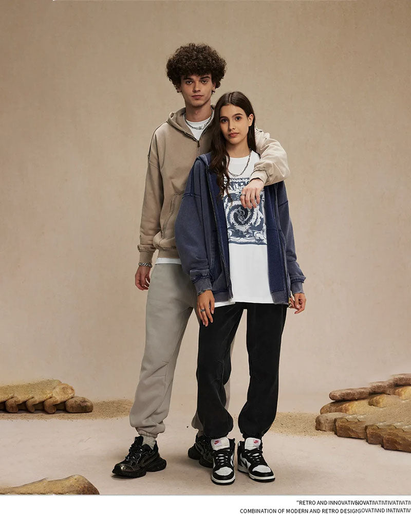 Distressed Washed Batik Retro Zipper Hoodies