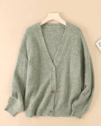 Wool-blend (49% acrylic, 28% polyester, 20% wool, 3% nylon) cropped cardigan, V-neck, horn buttons, dropped shoulders, heather taupe—cloud-soft layer for spring-to-fall outfits or office AC.
