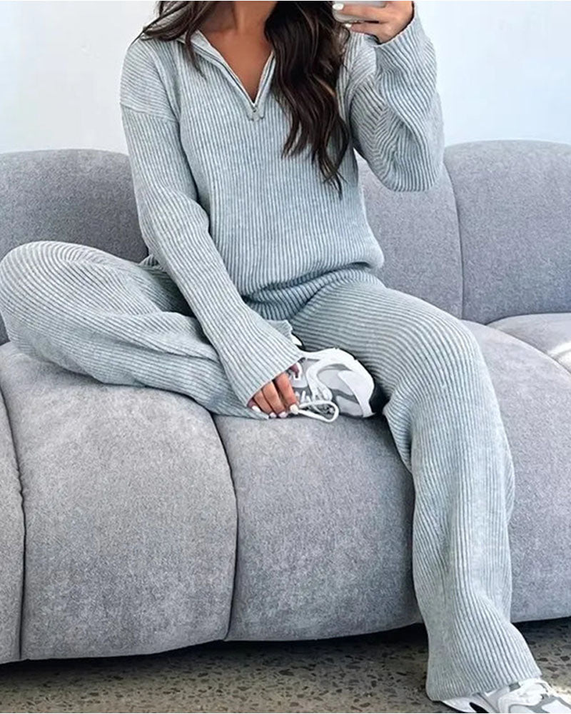 Zipper Long Sleeve Sweaters Straight Pants Knitted Suit